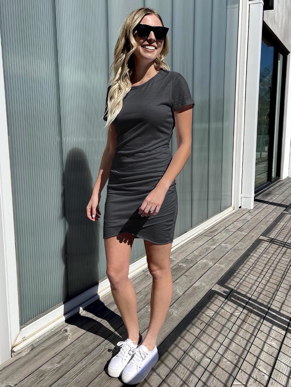 Women’s Short Sleeve Scrunched Dress - Charcoal Gray